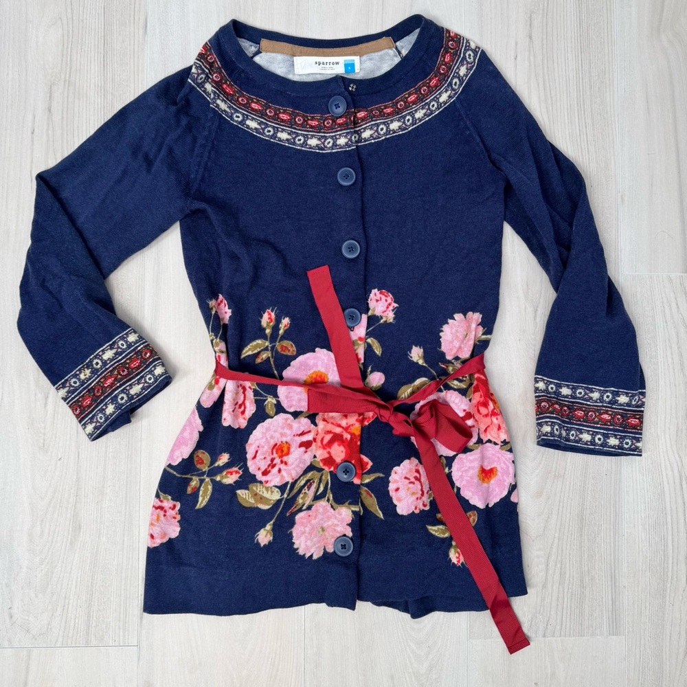 Anthropologie Sparrow Navy Knit Cardigan with Red and Cream Folk Trim Size S - Picture 8 of 11